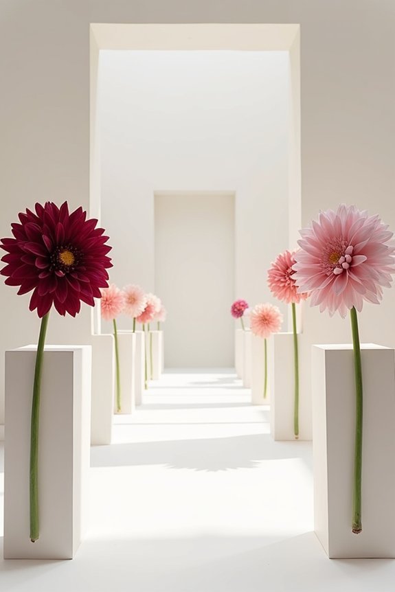 alternating dahlia pedestal arrangements