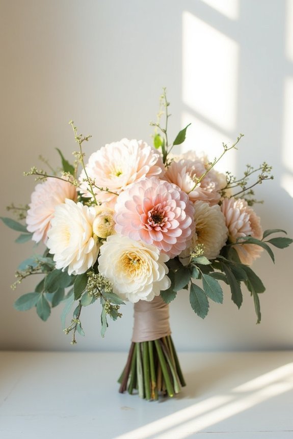 blush dahlias and greenery