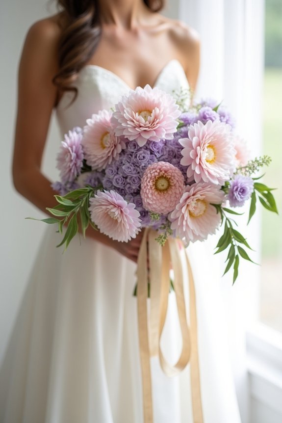 cascading bouquets with ribbons