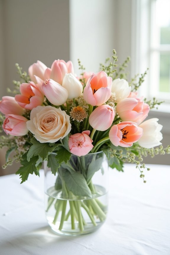 cheerful tulips and ranunculus