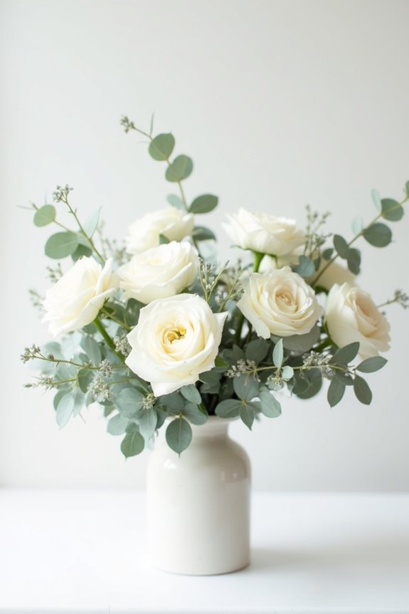 elegant white roses eucalyptus