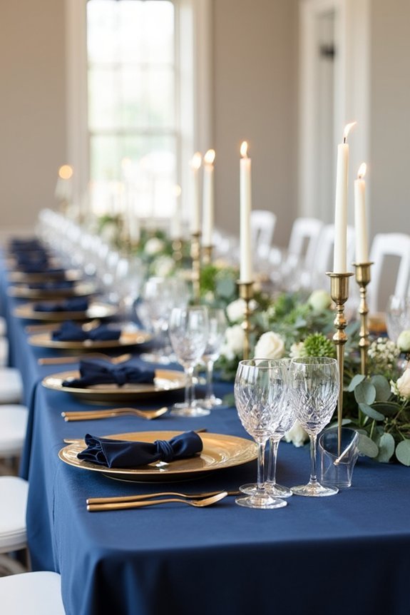 navy tablescapes with metallics