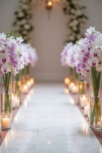 orchid themed wedding aisle decor