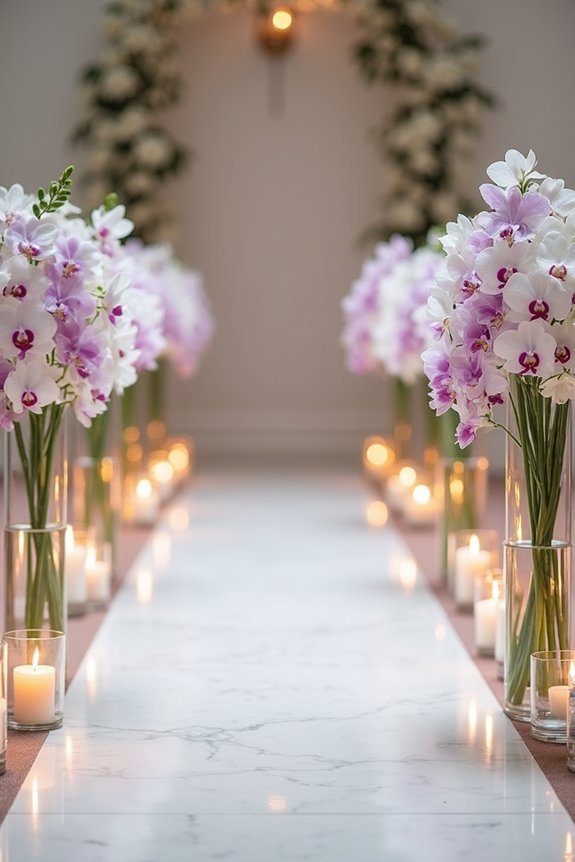orchid themed wedding aisle decor