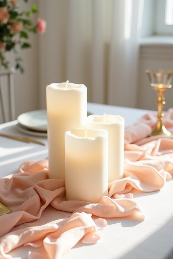 peach linens pillar candles