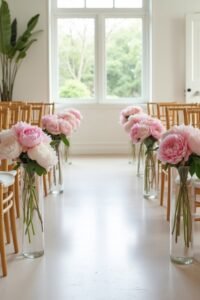 peonies in aisle decor