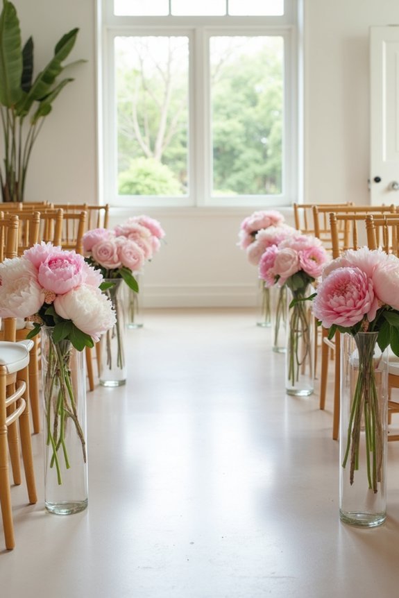 peonies in aisle decor