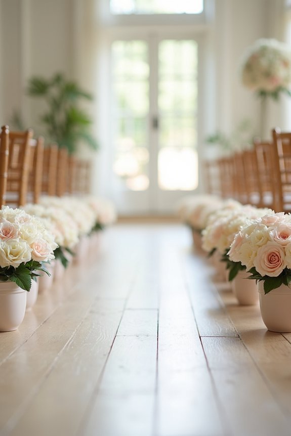 potted roses as aisle markers