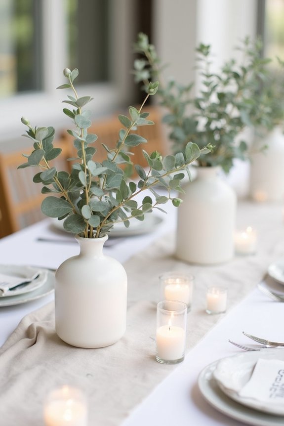 understated eucalyptus centerpiece design