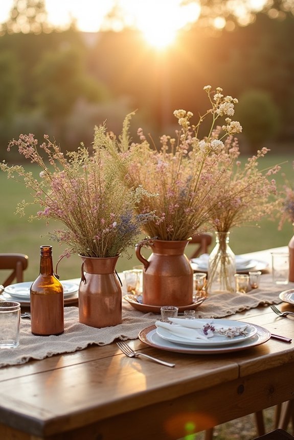 wildflower arrangement in mismatched vessels